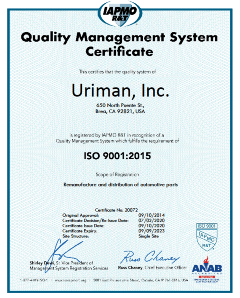 Quality Management System Certificate - Uriman, Inc.